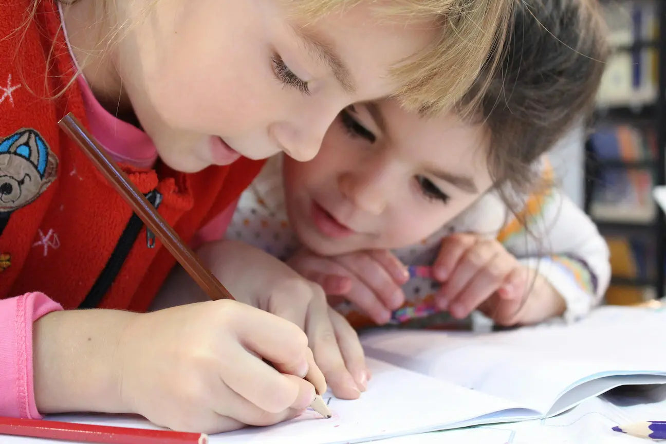 „Doi copii concentrându-se asupra unui caiet de lucru într-un mediu de învățare Montessori, explorând și dezvoltând abilități esențiale.