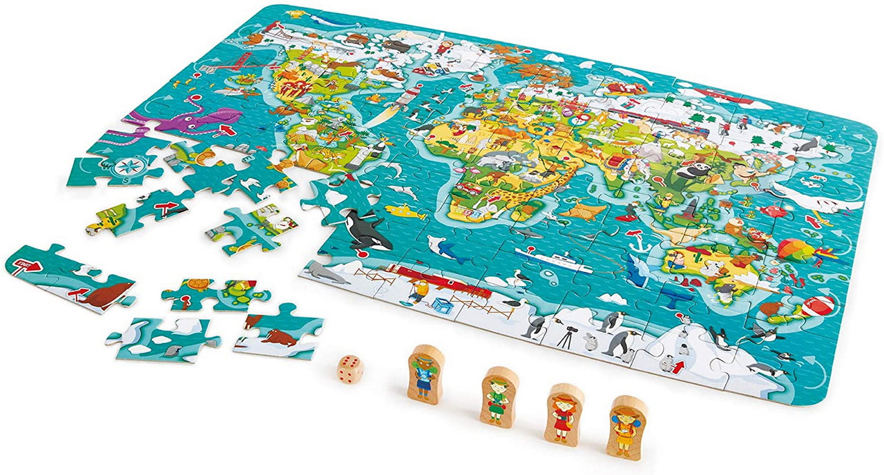 Joc și Puzzle 2-In-1 Turul Lumii cu 105 piese, Hape, +5 ani