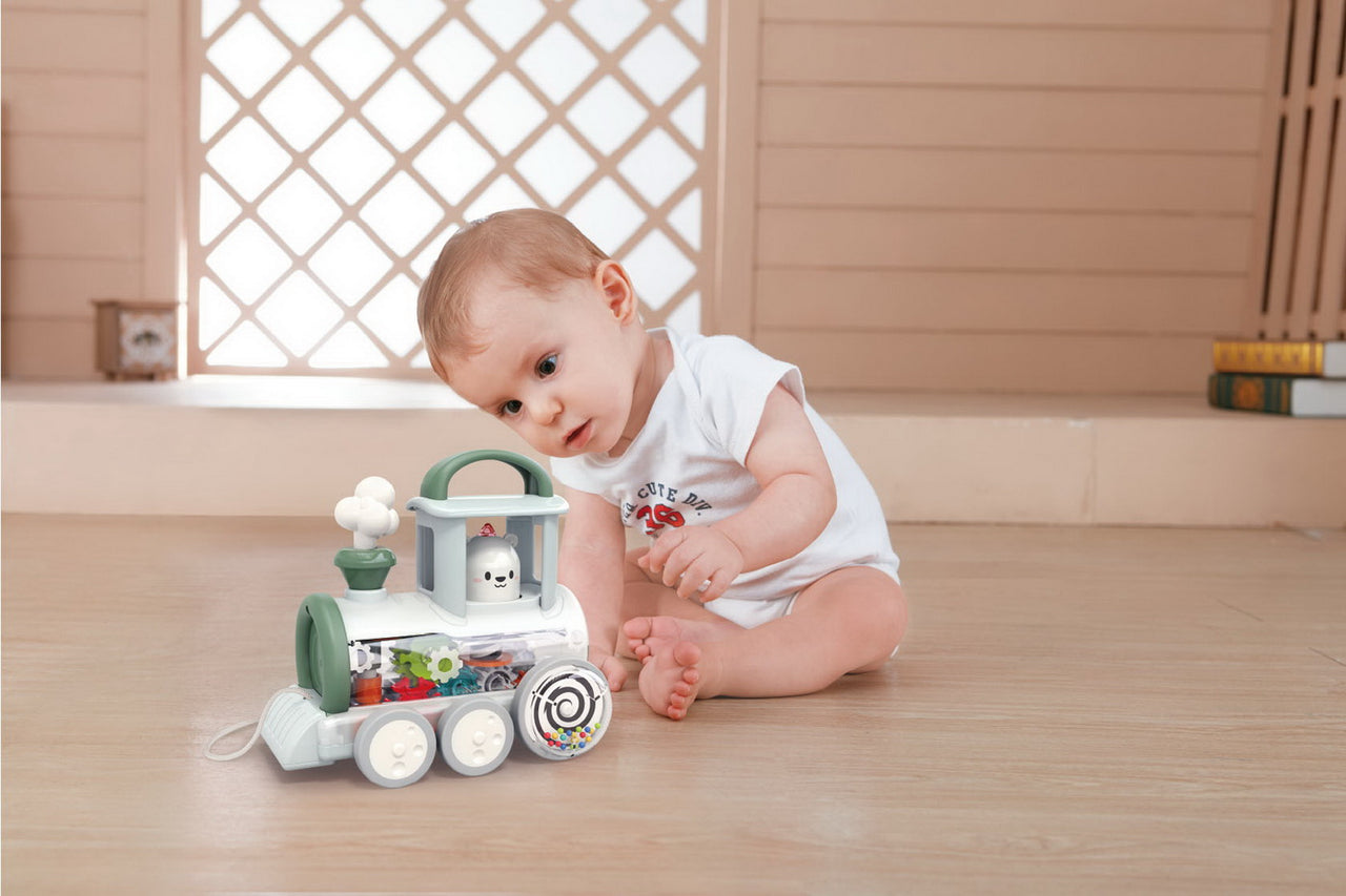 Jucarie locomotiva cu aburi, Hola Toys, Alb, +6 luni