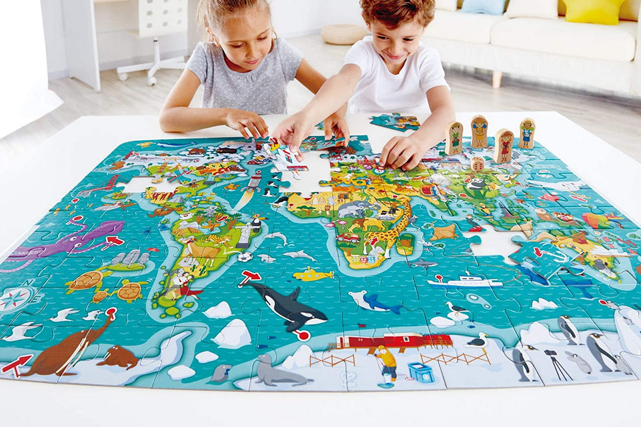 Joc și Puzzle 2-In-1 Turul Lumii cu 105 piese, Hape, +5 ani