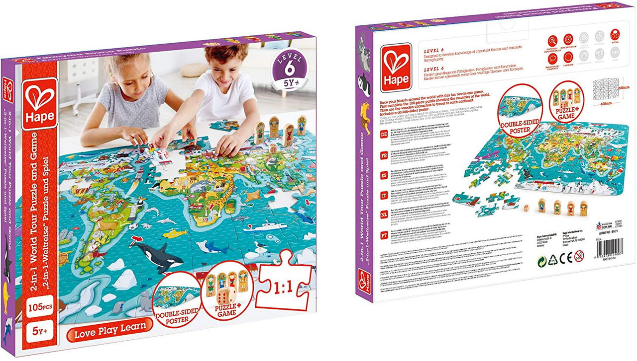 Joc și Puzzle 2-In-1 Turul Lumii cu 105 piese, Hape, +5 ani